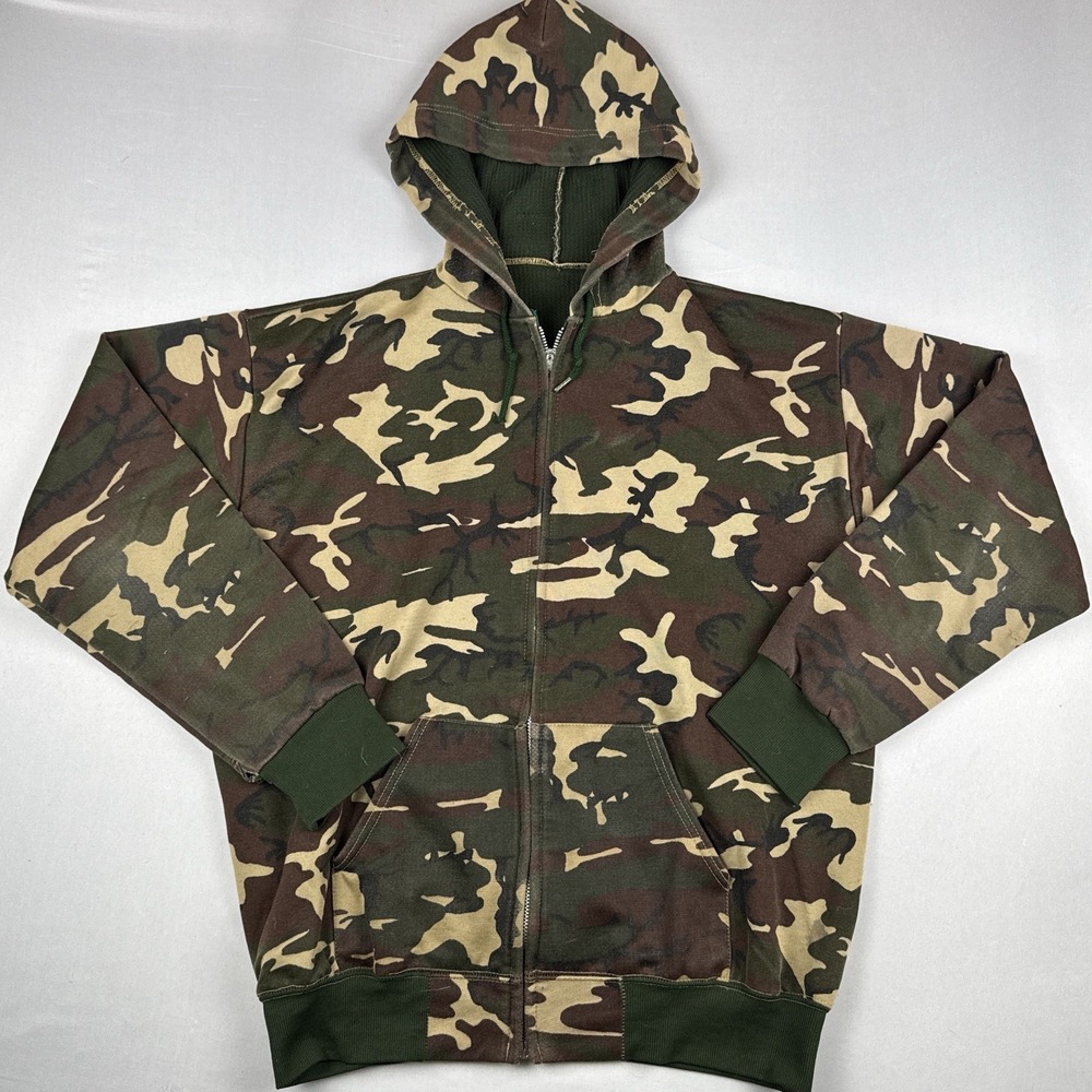 Vintage 80s Woodland Camo Full Zip Thermal Lined Hoodie USA Made XL